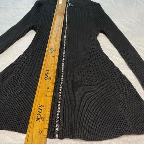 Vtg QUESTIONS Sweater Rhinestone Full Zip Stretch Fitted Ribbed Womens L Black - Picture 6 of 8